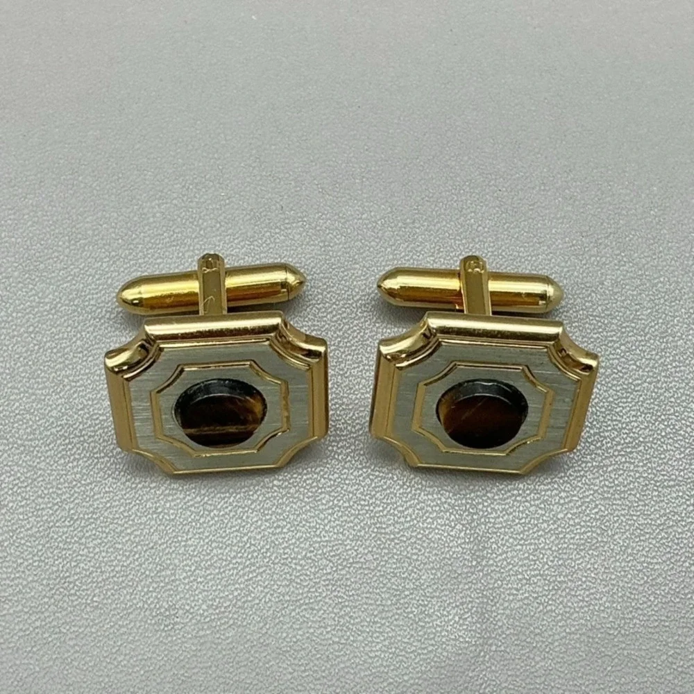 Vintage Cufflinks Tiger Eye Cabochon Gold Silver Tone Geometric Men's Jewelry